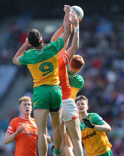 Donegal and Armagh contest a high ball during the Division 2 league final at Croke Park. Photograph: James Crombie/Inpho
