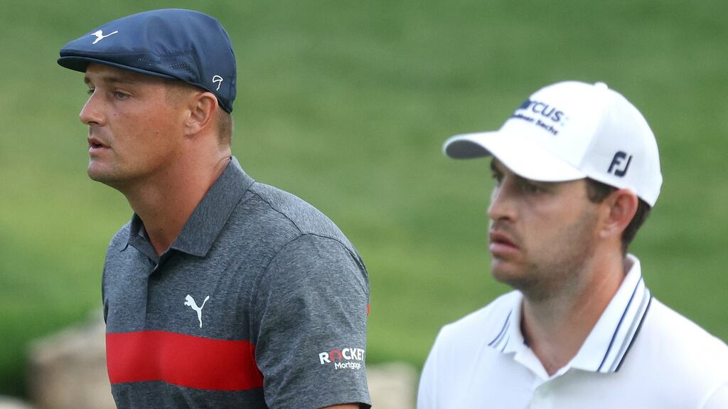 Patrick Cantlay and Bryson DeChambeau during a playoff for the BMW Championship on Sunday. Both will compete on the US Ryder Cup team next month. Photograph: Rob Carr/Getty Images