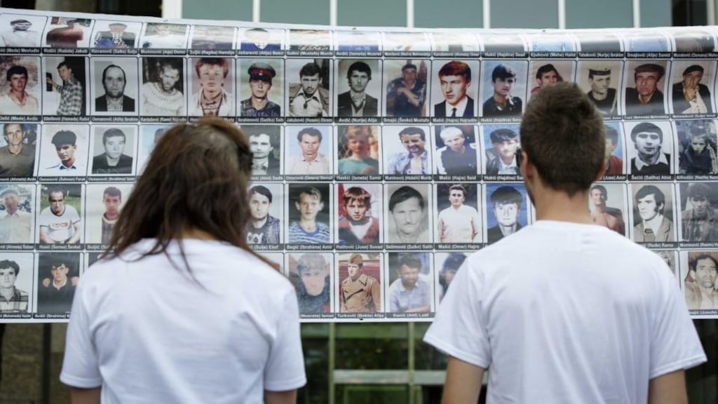 People view photographs of some of the 8,000 victims of the 1985 massacre at the  National Srebrenica Commemoration in The Hague, The Netherlands last week. Photograph: Bart Maat/EPA