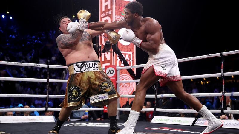 Anthony Joshua lands a straight right on Andy Ruiz Jr during the heavyweight title fight in Diriyah, Saudi Arabia. Photograph: Nick Potts/PA Wire