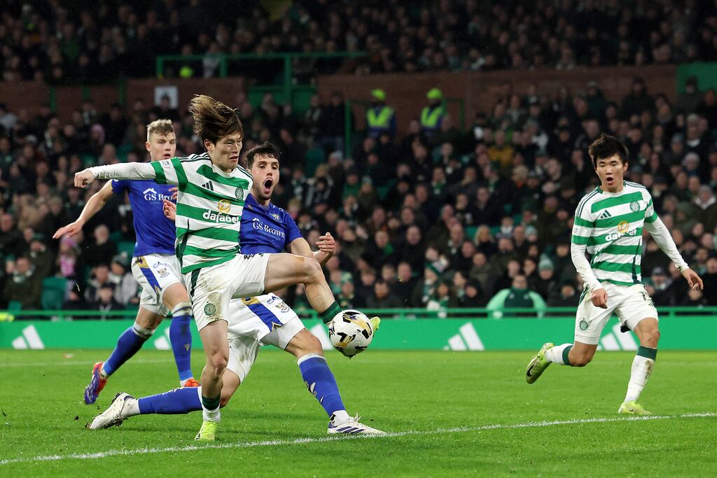 Kyogo Furuhashi of Celtic scores his team's third goal during the Premiership match against St Johnstone FC at Celtic Park. Photograph: Ian MacNicol/Getty Images