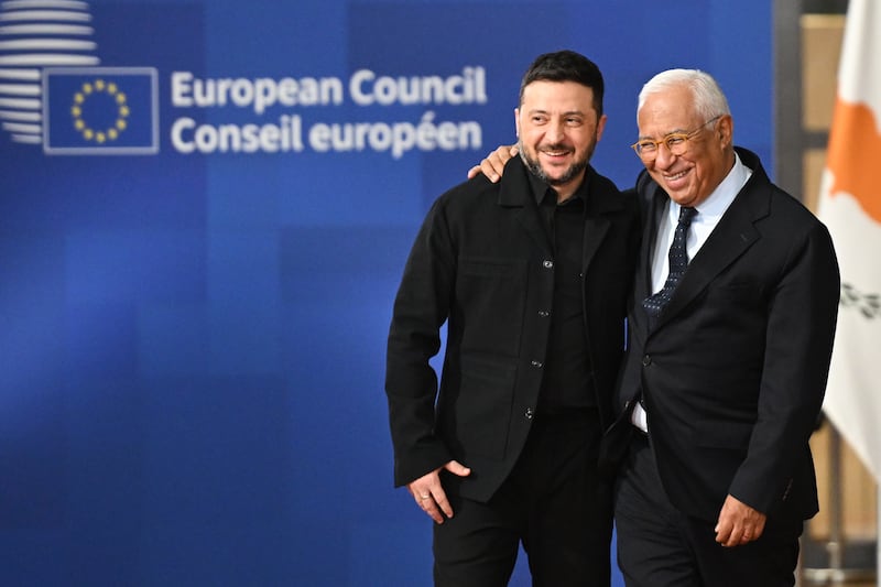 Ukraine’s President Volodymyr Zelensky and European Council President Antonio Costa arrive for an EU Summit at the European Council building in Brussels (Harry Nakos/AP)