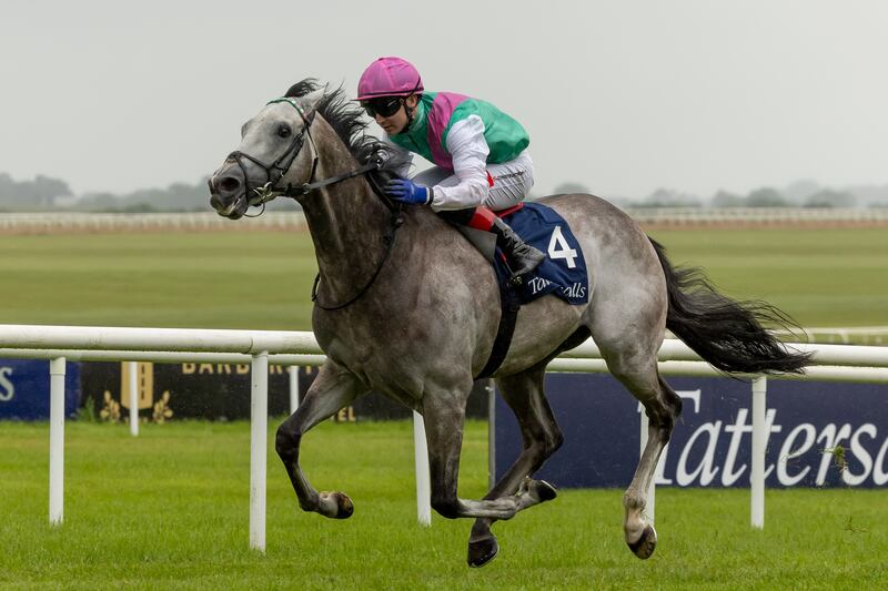 Colin Keane and Field of Gold win The Tattersalls Irish 2,000 Guineas. Photograph: Morgan Treacy/Inpho
