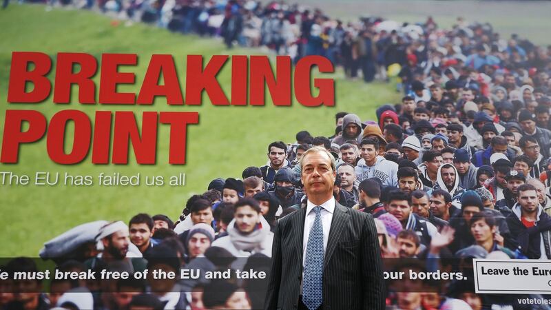 A file image from last week of Ukip leader Nigel Farage launching an EU referendum poster campaign. Baroness Sayeeda Warsi described the poster as “indefensible” and said she quiting the Leave campaign. British chancellor George Osborne has branded the controversial poster as “vile”, comparing it to extremist literature produced in the 1930s. Photograph: PA