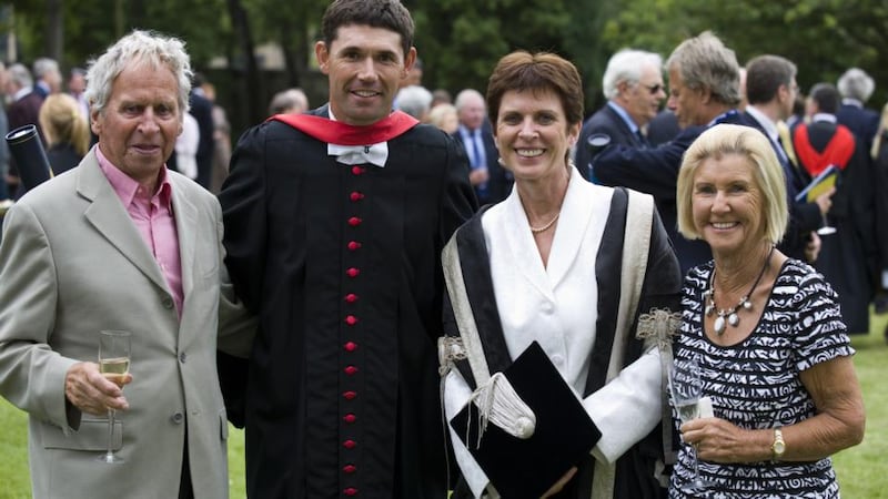 Louise Richardson (second right) with her parents, Arthur (left), and Julie (right), with Irish golfer Pádraig Harrington (centre) when St Andrews conferred an honorary degree on him in 2010
