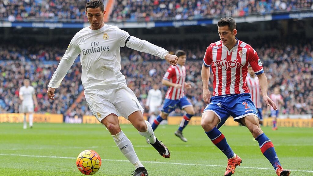 Up against Cristiano Ronaldo of Real Madrid - Leicester’s new signing Luis Hernandez. Photograph: Denis Doyle/Getty Images
