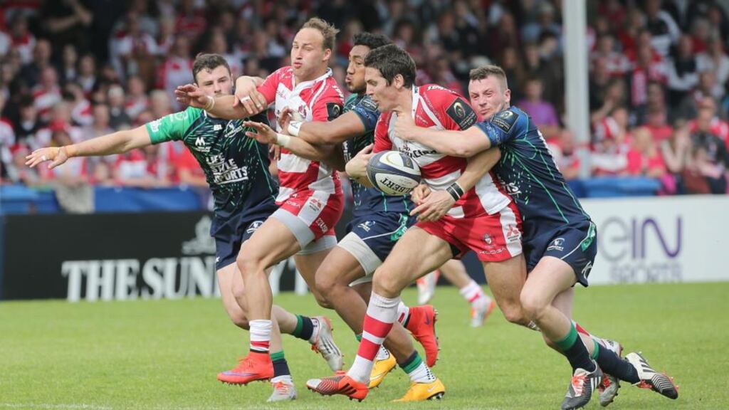 Gloucester’s James Hook is tackled during Connacht’s agonising extra time defeat at Kingsholm. Photograph: Getty