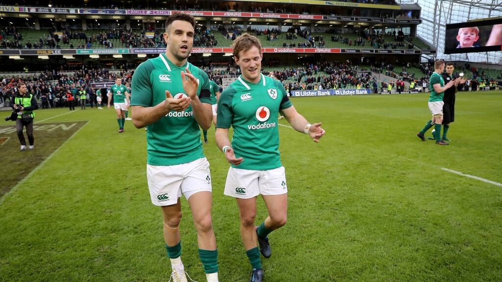 Conor Murray and Kieran Marmion: the Connacht scrumhalf has had the misfortune of being an unused replacement on six occasions for Ireland. Photograph: Ryan Byrne/Inpho