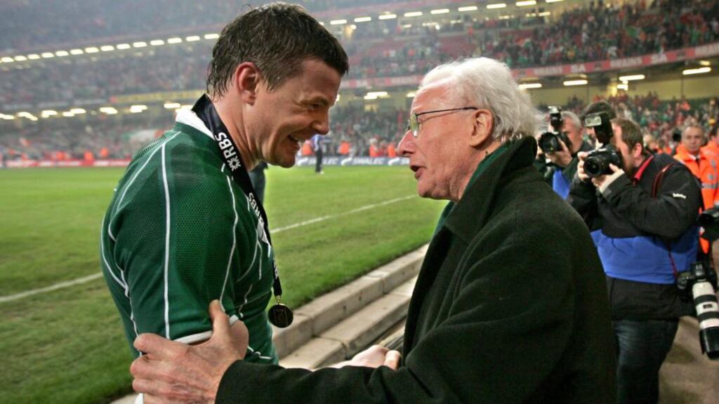 Alone they stand: Brian O’Driscoll celebrates with Jack Kyle after the 2009 Grand Slam win. Photograph: Morgan Treacy/Inpho
