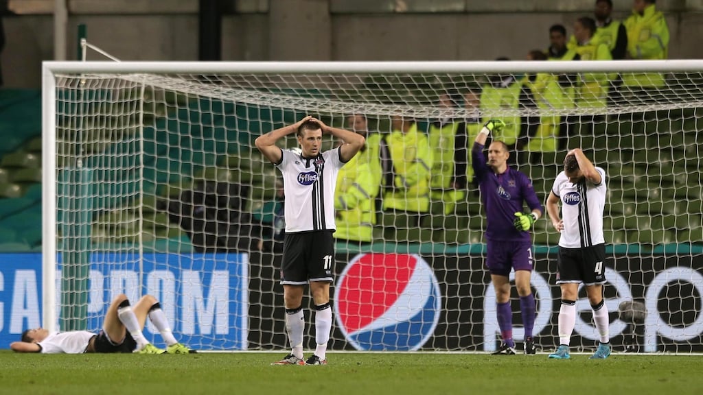 Dundalk were beaten 2-0 by Legia Warsaw in the first leg of their Champions League qualifier at the Aviva Stadium. Photograph: Inpho