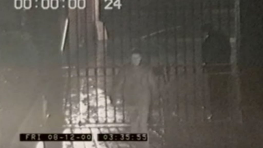 CCTV images of missing person Trevor Deely which appears to show him inside gates while being watched by a man with whom he had a brief conversation.