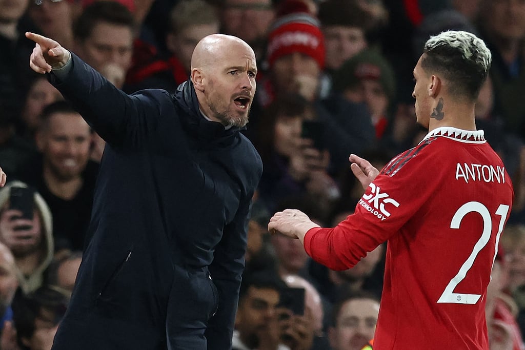 Manchester United's Dutch manager Erik ten Hag talks with Manchester United's Brazilian midfielder Antony during the UEFA Europa league quarter-final, first leg. Photograph: Darren Staples/AFP via Getty
