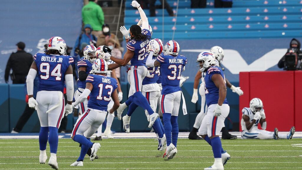 Josh Norman of the Buffalo Bills celebrates with teammates after winning the AFC Wild Card playoff game against the Indianapolis Colts at Bills Stadium in Orchard Park, New York. Photo: Bryan M. Bennett/Getty Images