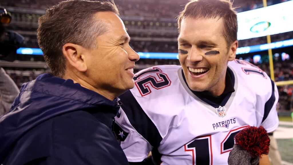 Tom Brady of the New England Patriots with his personal trainer Alex Guerrero. “Every time I see Tom Brady now, I think of Himalayan pink salt, no nightshades in his foods (to the layman that’s no tomatoes, no potatoes and no peppers) and kale smoothies.” Photograph: Elsa/Getty Images)