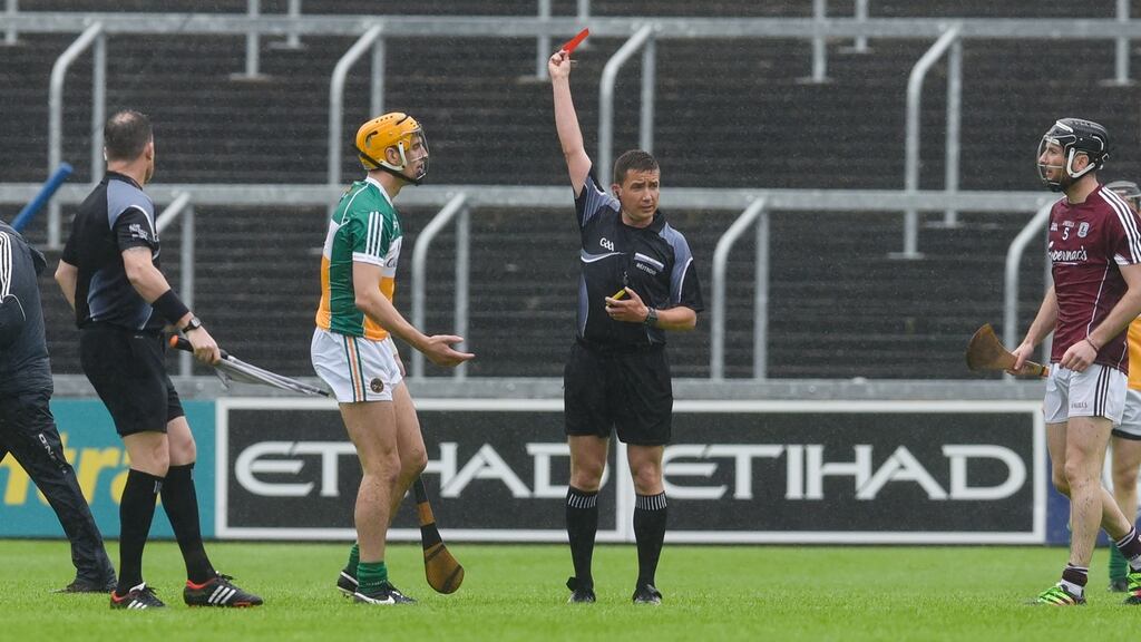 Offaly’s Colin Egan is shown a red card in the first half. Photograph: Tom Beary/Inpho