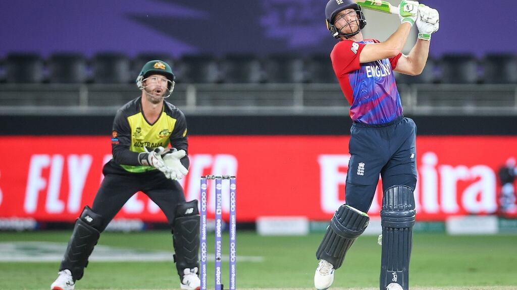 England’s Jos Buttler hits a six during the win over Australia. Photo: David Gray/EPA