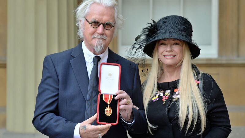 Billy Connolly with his wife Pamela Stephenson, after being knighted by the Duke of Cambridge during an Investiture ceremony at Buckingham Palace in London in 2017. Photograph: John Stillwell/ WPA Pool/Getty Images