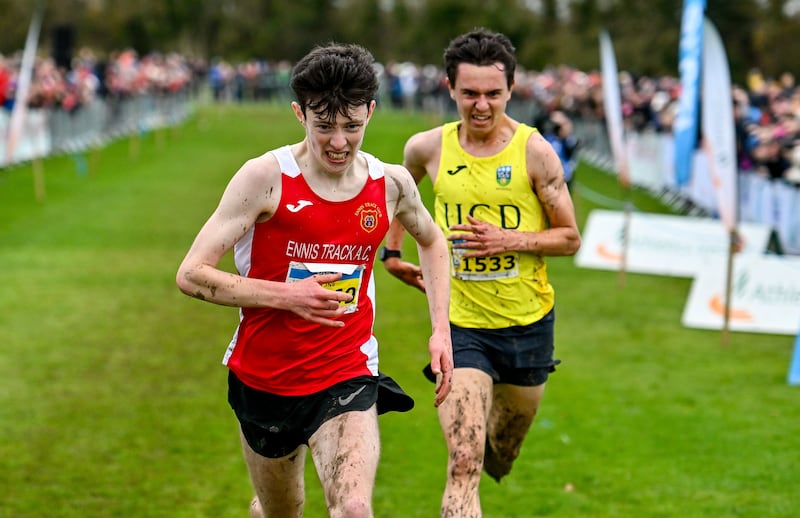 Niall Murphy and Jonas Stafford race for the finish line. Photograph: Ben McShane/Sportsfile