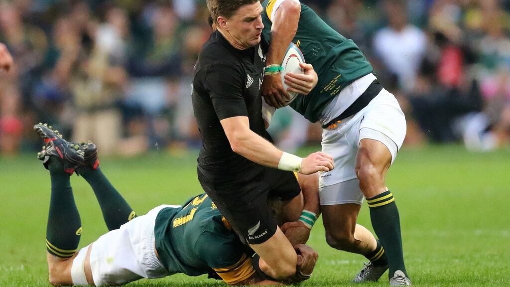 All Blacks fly-half Beauden Barrett in action during the 57-15 demolition of South Africa at the Kingspark Stadium in Durban. Photograph: Anesh Debikyanesh/AFP/Getty