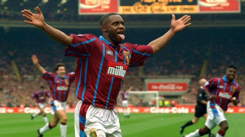Dalian Atkinson after scoring in the 1994 Coca Cola Cup final for Aston Villa against Manchester United. Photograph: Action Images via Reuters