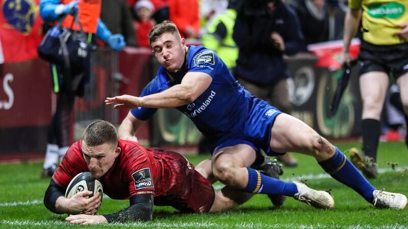 Former Blackrock College schoolboy Leinster player Andrew Conway scoring a try against his native province for Munster at Thomond Park last week. Photograph: Billy Stickland/Inpho