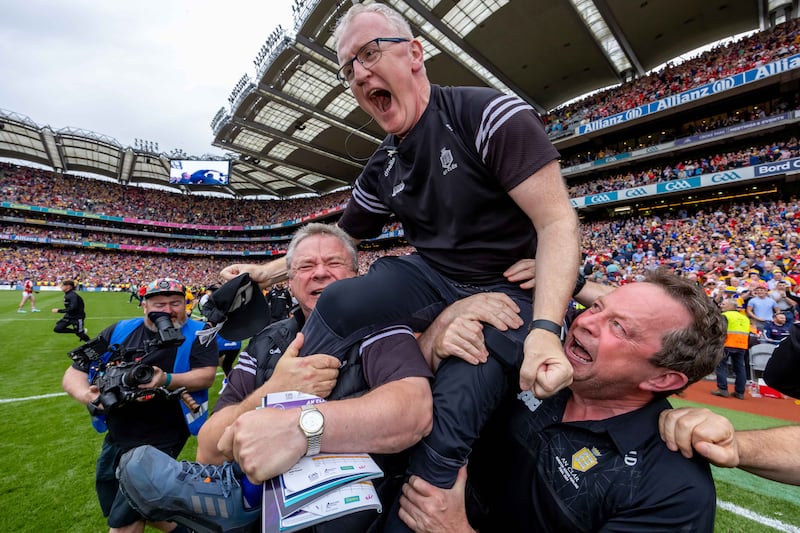 Clare manager Brian Lohan celebrates at the final whistle. Photograph: 
Morgan Treacy/Inpho