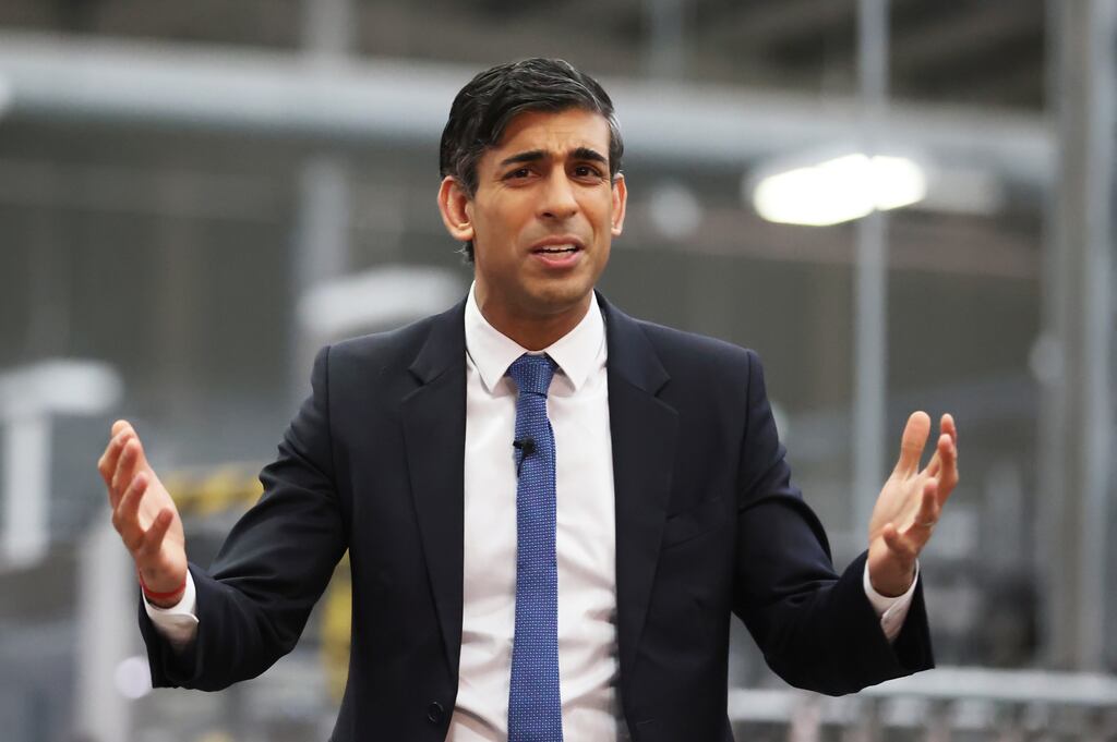 British prime minister Rishi Sunak holding a questions-and-answers session with local business leaders in Lisburn, Co Antrim. He was visiting the North to sell the Windsor Framework. Photograph: PA