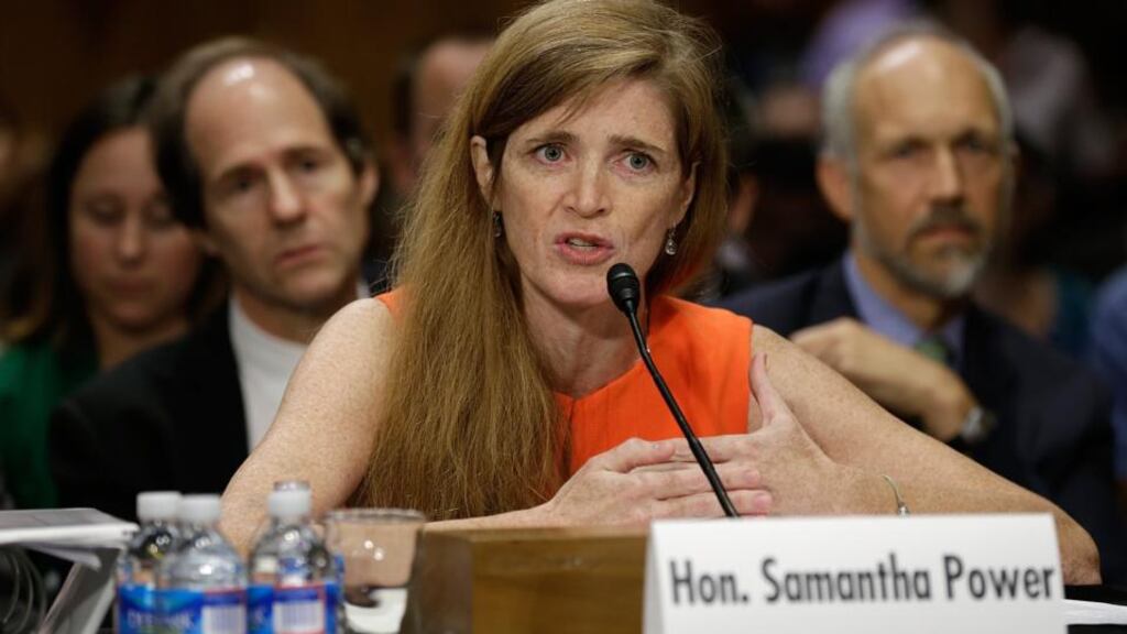 Samantha Power, the nominee to be the US representative to the United Nations, testifies before the Senate foreign relations committee  in Washington, DC yesterday. Power has received broad bipartisan support for her nomination. Photograph: Win McNamee/Getty Images