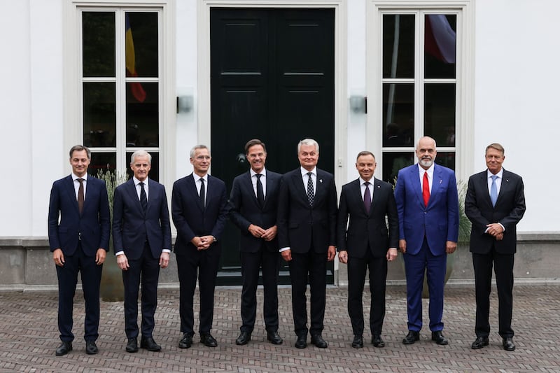 From left are Belgian PM Alexander De Croo, Norwegian PM Jonas Gahr Store, Nato chief Jens Stoltenberg, Dutch PM Mark Rutte, Lithuanian president Gitanas Nauseda, Polish president Andrzej Duda, Albanian PM Edi Rama and Romanian president Klaus Iohannis meeting in The Hague, Netherlands, this week, ahead of the Nato summit in Vilnius on July 11th and 12th next. Photograph: Simon Wohlfahrt/AFP/Getty