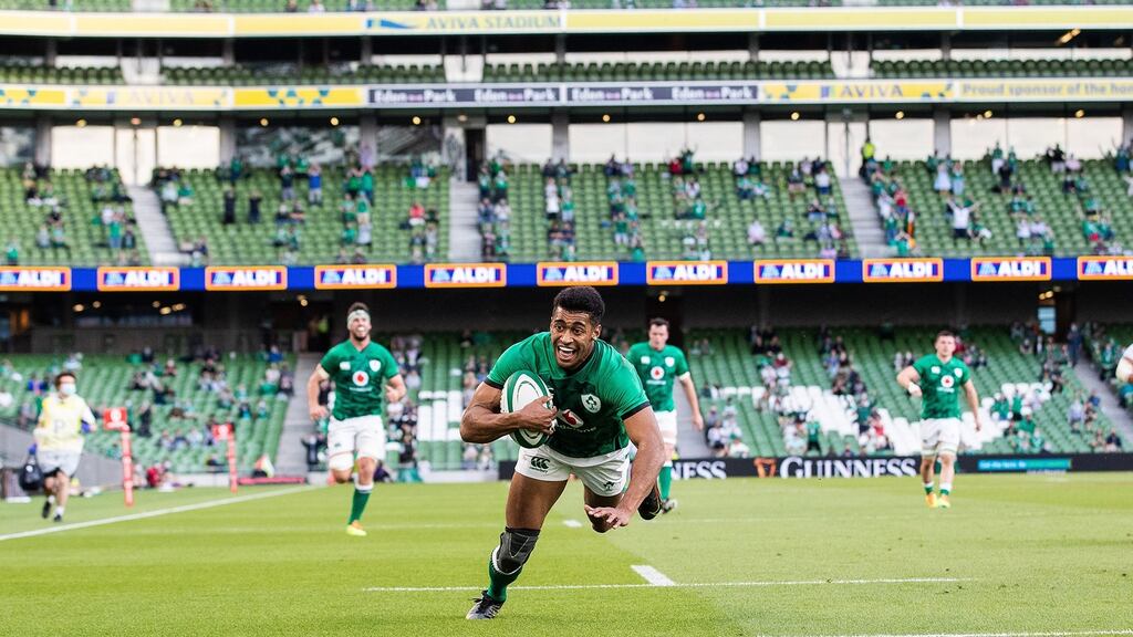 Winger Robert Baloucoune goes over for Ireland’s first try at the Aviva Stadium. Photograph: Bryan Keane/Inpho