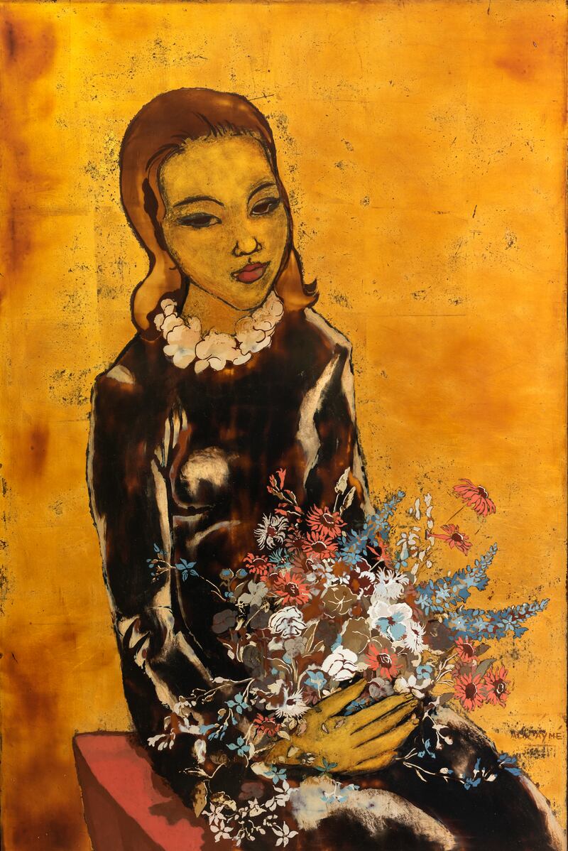 Alix Aymé, lacquer panel of a girl with flowers (€100,000-€200,0000) is one of the lots at Adam's Asian sale at the end of June.