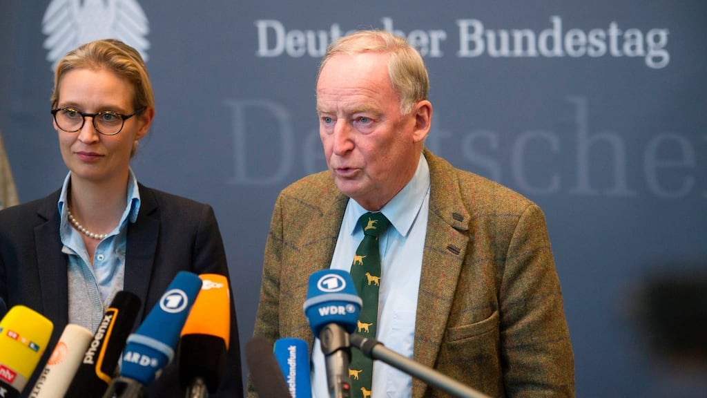 Alice Weidel and Alexander Gauland, newly elected parliamentary party leaders of the far-right Alternative for Germany (AfD), make a statement after a first meeting of the  parliamentary group at the Marie-Elisabeth-Lüders-Haus parliamentary building in Berlin on September 26th, 2017. Photograph: Steffi Loos/AFP/Getty Images