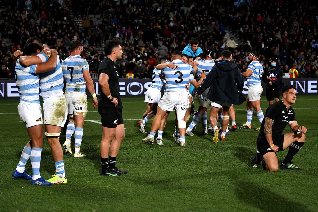 Argentina celebrate after defeating New Zealand in the Rugby Championship in Christchurch on Saturday. Photograph: Joe Allison/Getty Images
