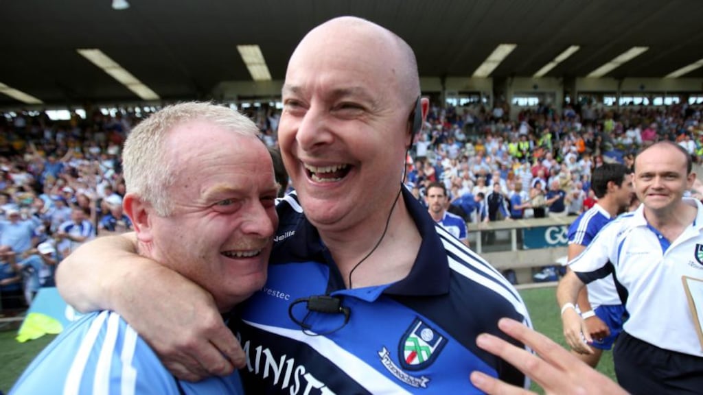 Monaghan manager Malachy O’Rourke celebrates after the game. Photograph: Donall Farmer/Inpho