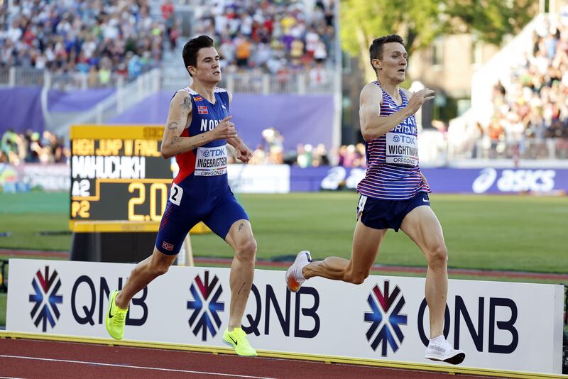 Jake Wightman (right) of Britain and Jakob Ingebrigtsen of Norway. Photograph: Erik S Lesser/EPA