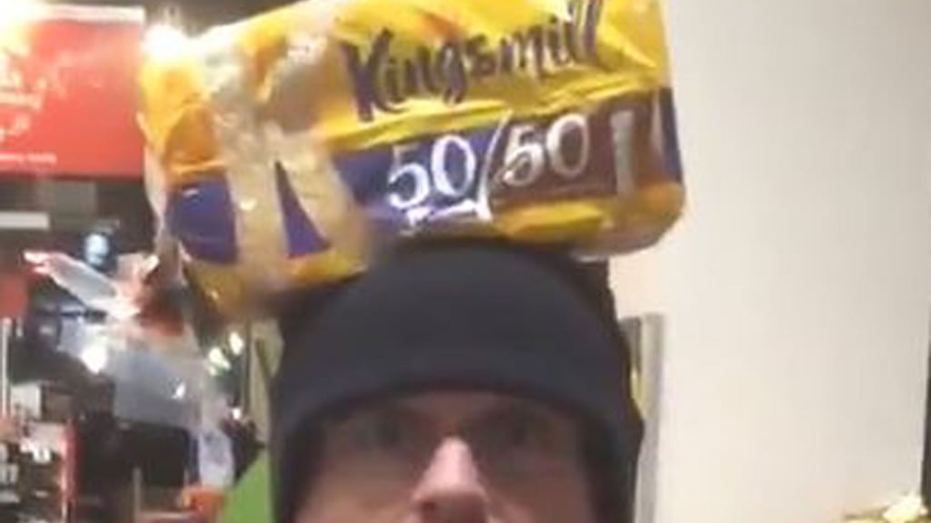 Sinn Féin MP Barry McElduff bearing a Kingsmill-branded loaf on his head on the anniversary of the Kingsmill massacre. Photograph: Barry McElduff/Twitter/PA