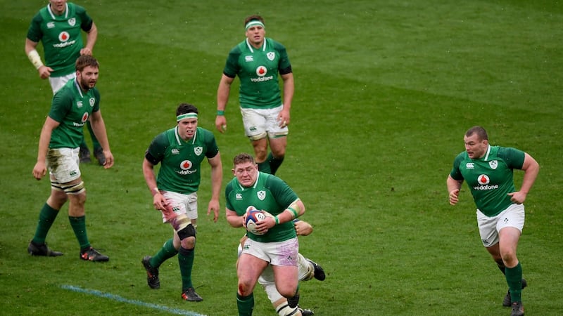 Ireland tighthead and mana of the match  Tadhg Furlong on the charge during the  Six Nations match against  England  at Twickenham. Photograph: Shaun Botterill/Getty Images