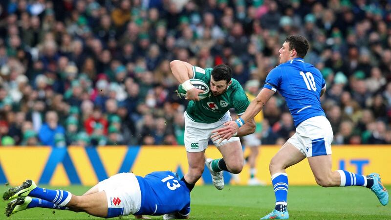 Ireland centre Robbie Henshaw is tackled by Ignacio Brex and Paolo Garbisi of Italy during the Six Nations game at the Aviva Stadium. Photograph: Paul Faith/AFP via Getty Images
