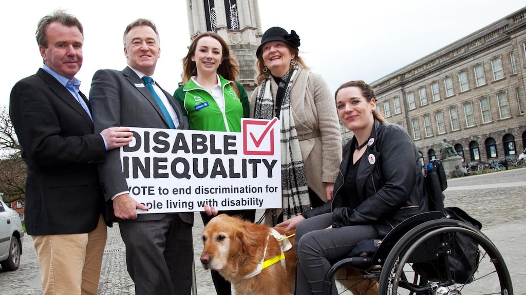 Activists from the Disability Federation of Ireland at the launch of the Disable Inequality campaign at Trinity College Dublin on Wednesday. Photograph: Paul Sherwood