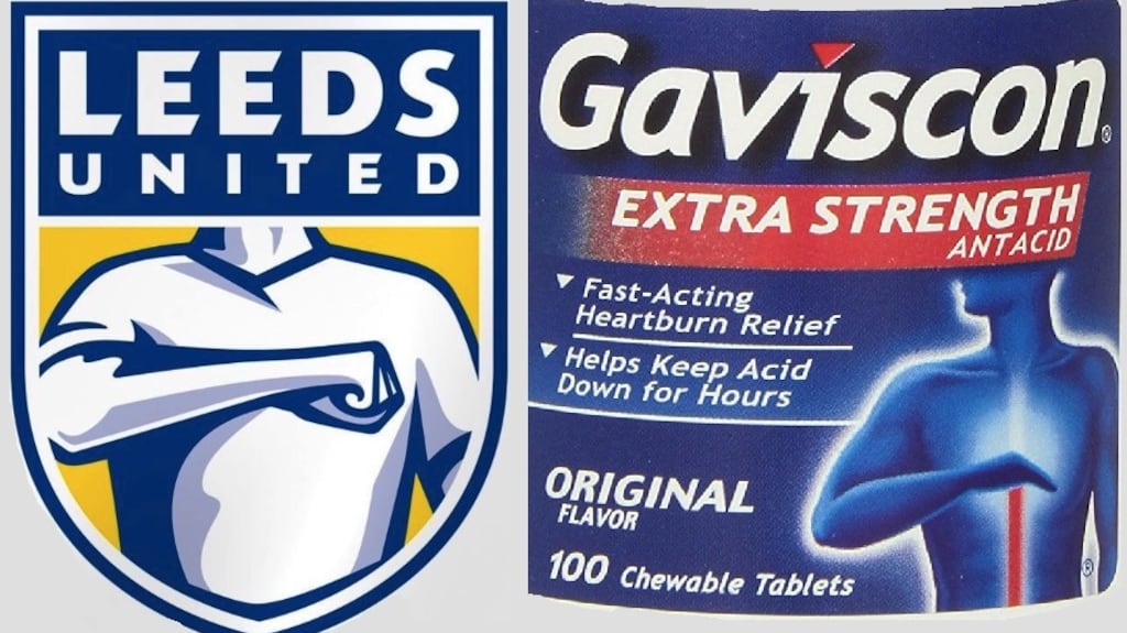 Leeds United’s new badge (L) and the Gaviscon logo.
