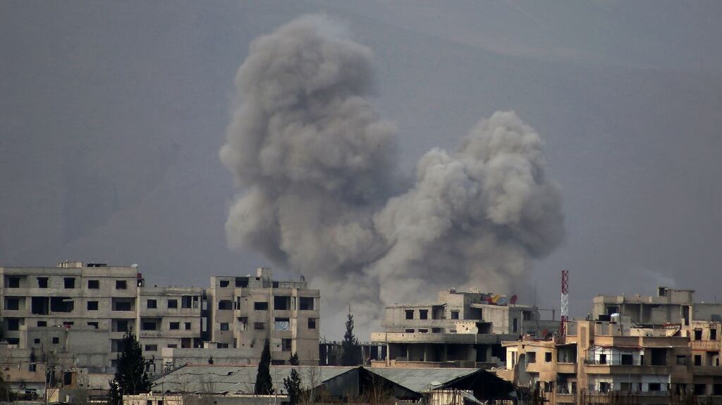 Smoke billows following Syrian government bombardment on the rebel-controlled town of Misraba, in the eastern Ghouta region. Photograph: AFP/Getty Images