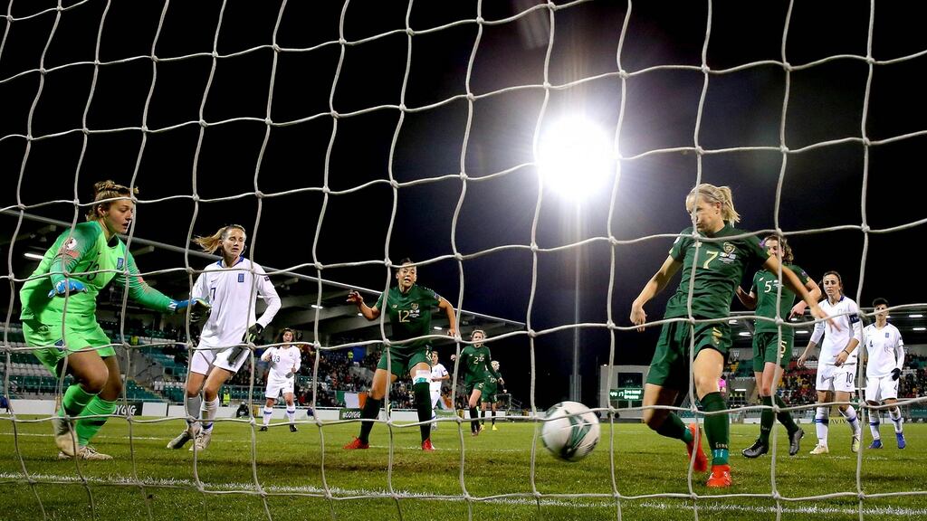 Ireland’s Diane Caldwell scores her goal against Greece in Dublin last month. Photograph: Ryan Byrne/Inpho
