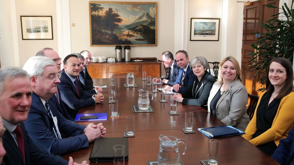 Taoiseach Leo Varadkar, British prime minister Theresa May and delegates from the British and Irish cabinets meet for talks at Stormont House. Photograph: Kelvin Boyes