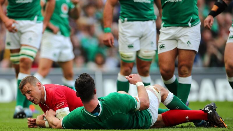 Hadleigh Parkes scores a try. Photograph: James Crombie/Inpho