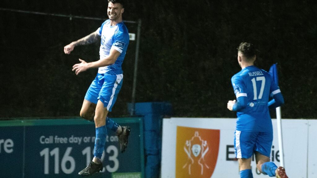 Finn Harps’ Adam Foley celebrates scoring the winner in their Airtricity League match against Waterford. Photo: Evan Logan/Inpho