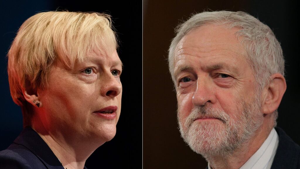 Angela Eagle, left,  is mounting her challenge to Corbyn’s leadership with the party on a bizarre seesaw: as its membership rises, so its support in the country falls. LEON NEAL,DANIEL LEAL-OLIVAS/AFP/Getty Images