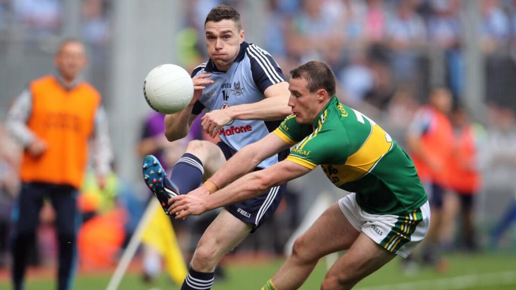 Dublin’s Paddy Andrews in action against Kerry’s Mark Griffin in last year’s All-Ireland semi-final. The full forward knows he’ll have a fight on his hands to get his place back in the side.