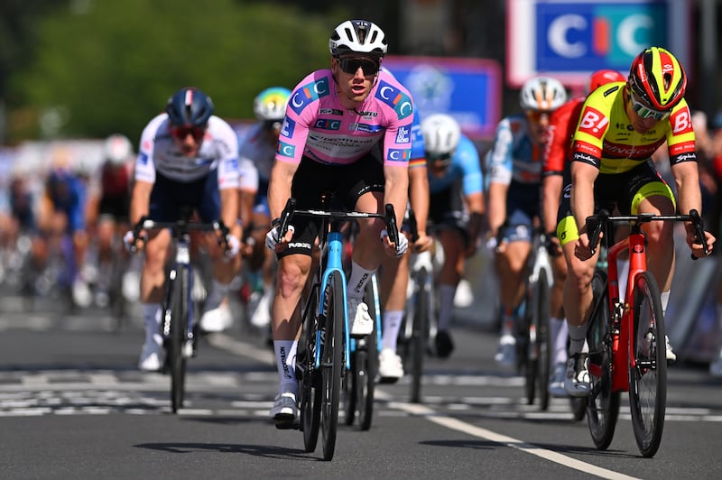Ireland's Sam Bennett celebrates after winning stage six of the Four Days of Dunkirk from Loon-Plage to Dunkirk. Photograph: Luc Claessen/Getty Images