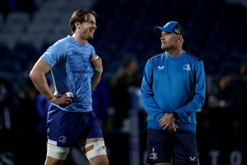 Leinster's Ryan Baird with senior coach Jacques Nienaber at the BKT United Rugby Championship match against Vodacom Bulls at the RDS in Dublin last month. Photograph: ©INPHO/Ben Brady