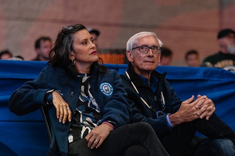 Michigan governor Gretchen Whitmer and Wisconsin governor Tony Evers at a recent event in Wisconsin. Photograph: Jim Vondruska/Getty Images